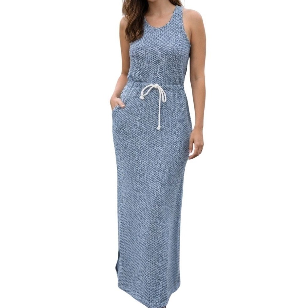 Faherty Ona Maxi Dress Small Blue‎ White Geometric Knit Cotton Sleeveless